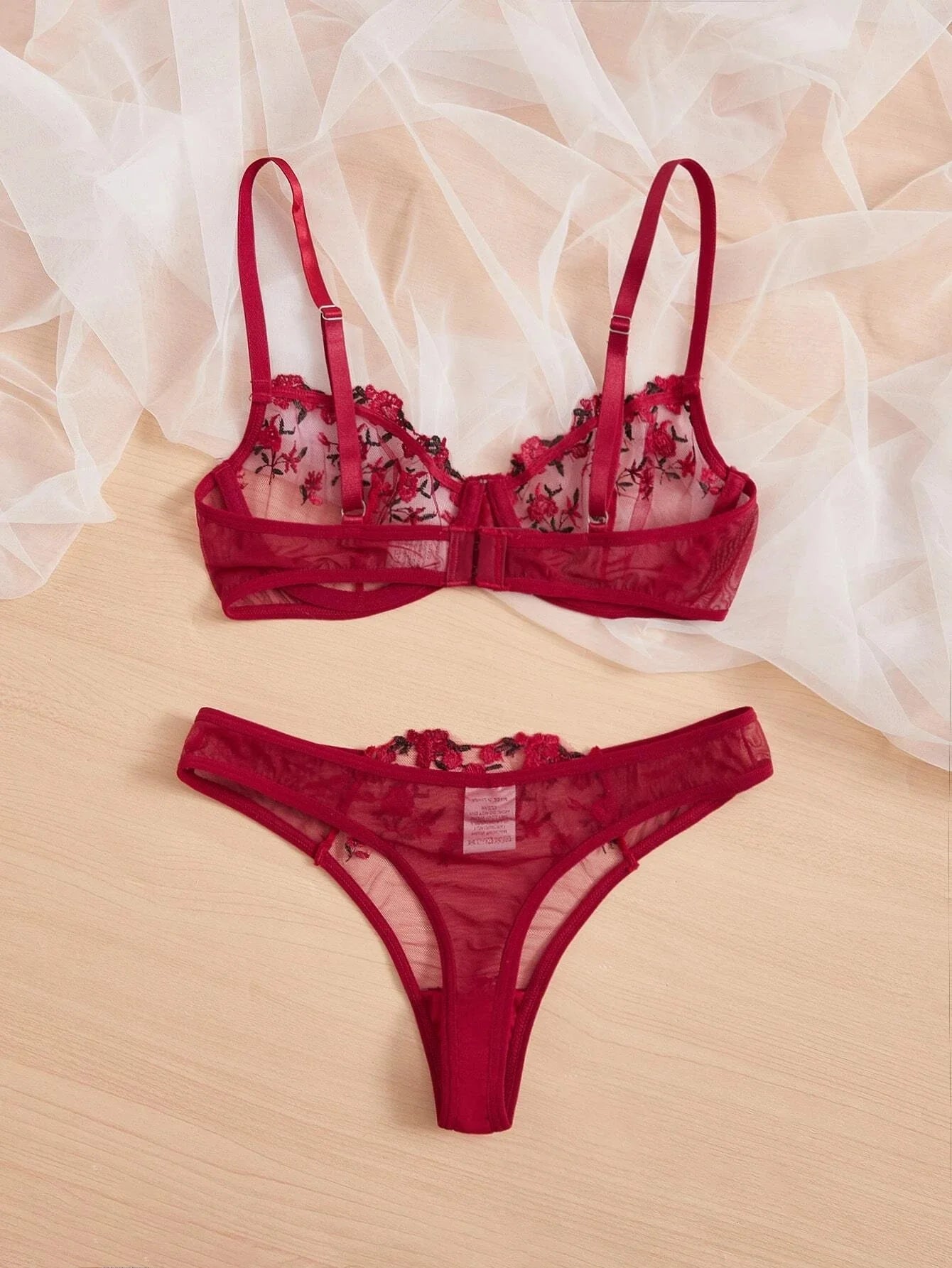 Red Lace Sexy Lingerie Fancy Embroidery Erotic Set Transparent Women's Underwear Kit Beautiful Flower Mesh Bra And Panty Sets