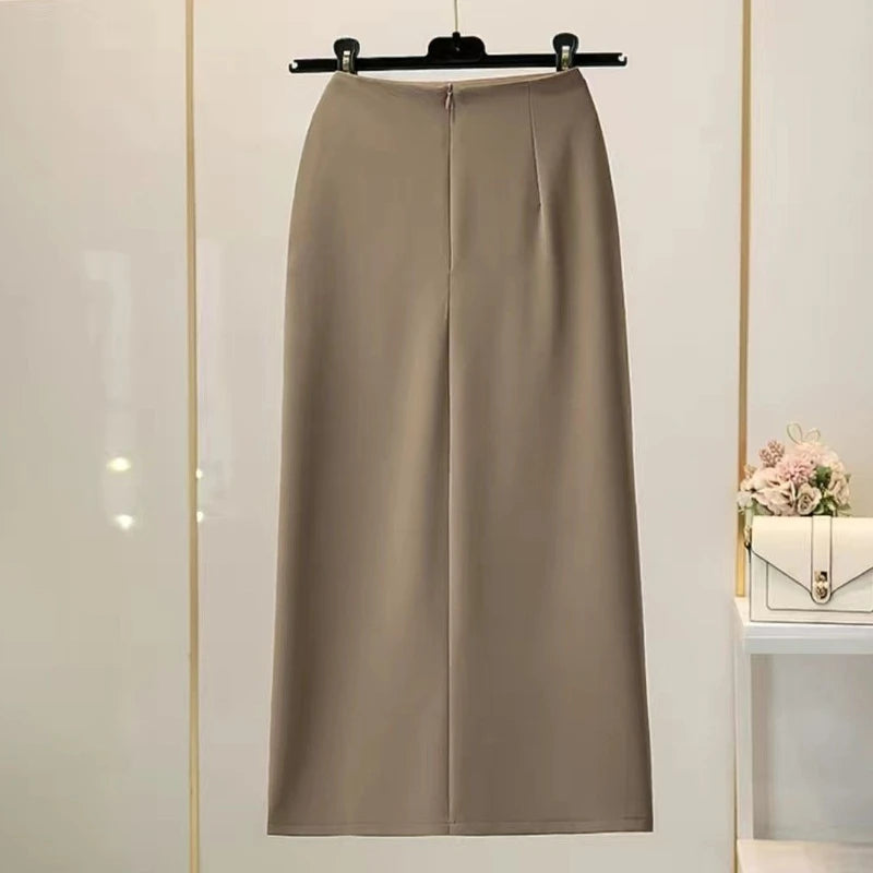 Midi Skirts Women Side-slit Fashionable Office Ladies Autumn Gentle Folds Ulzzang Mujer Sweet Attractive Faldas Simple Versatile