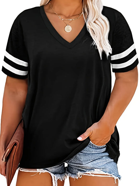 Plus Size Colorblock V Neck T-shirt, Women's Plus Slight Stretch Short Sleeve Casual Tee Plus Size Women Clothing