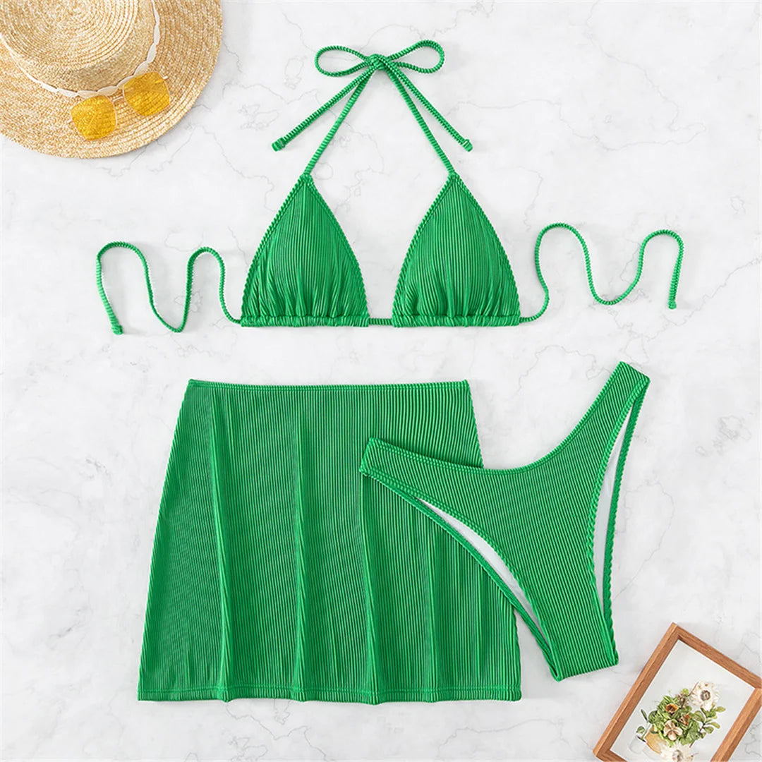 S - XL New With Skirt Ribbed Halter Bikini Female Swimsuit Women Swimwear Three-pieces Bikini set Bather Bathing Suit Swim V4351