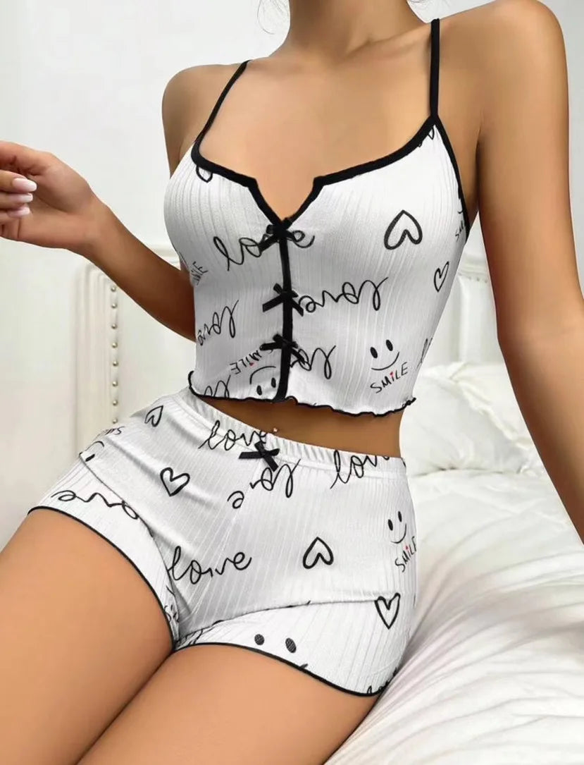 Sexy women's cute sleepwear new heart-shaped printed lettuce border bow vest and shorts Pj set soft sleepwear