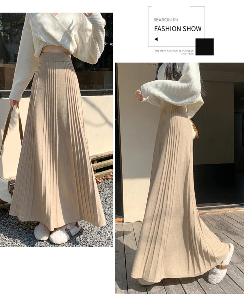 MEXZT Elegant Knitted Midi Skirt Women Fashion High Waist Black Pleated Skirts Fall Winter Ladies Korean Slim A Line Skirt New