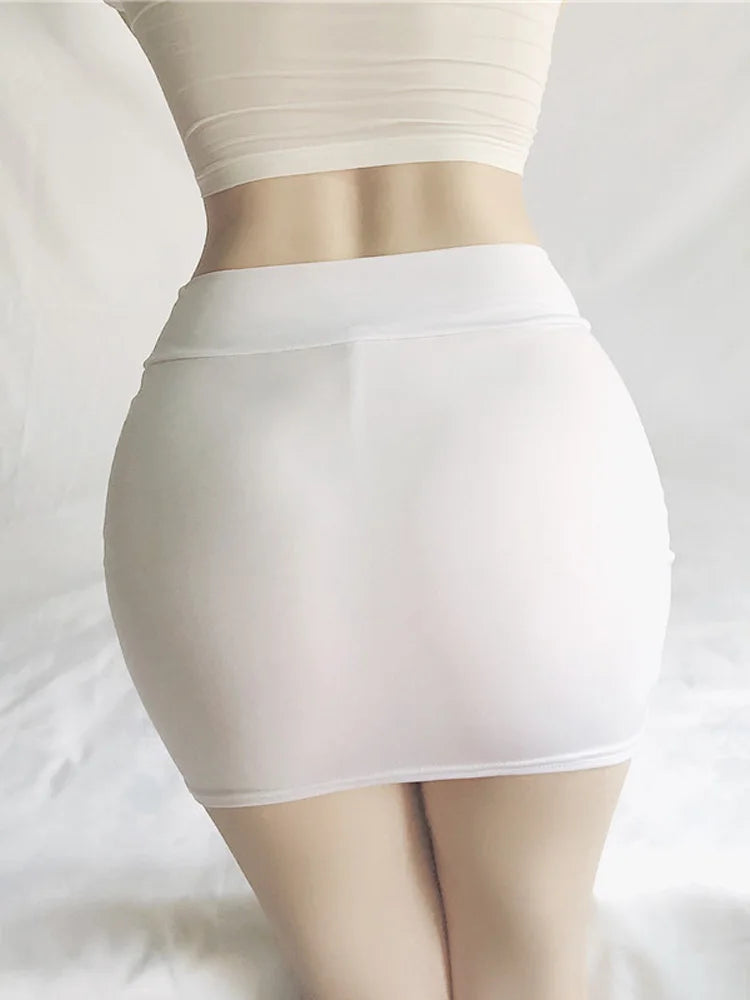 Sexy Women Tight Pencil Cute Skirt Sheer See Through Gloosy Micro Mini Skirt Oil Shiny OL Elastic Package Hip Skirt