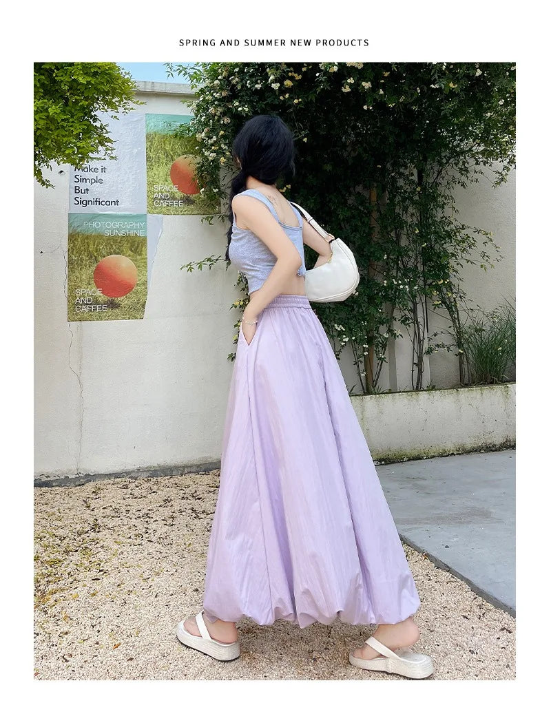 Solid Color Casual Long Skirt For Women 2024 Summer Fashion Women's Bubble Skirt Female Korean High Waist Elastic A-Line Skirt