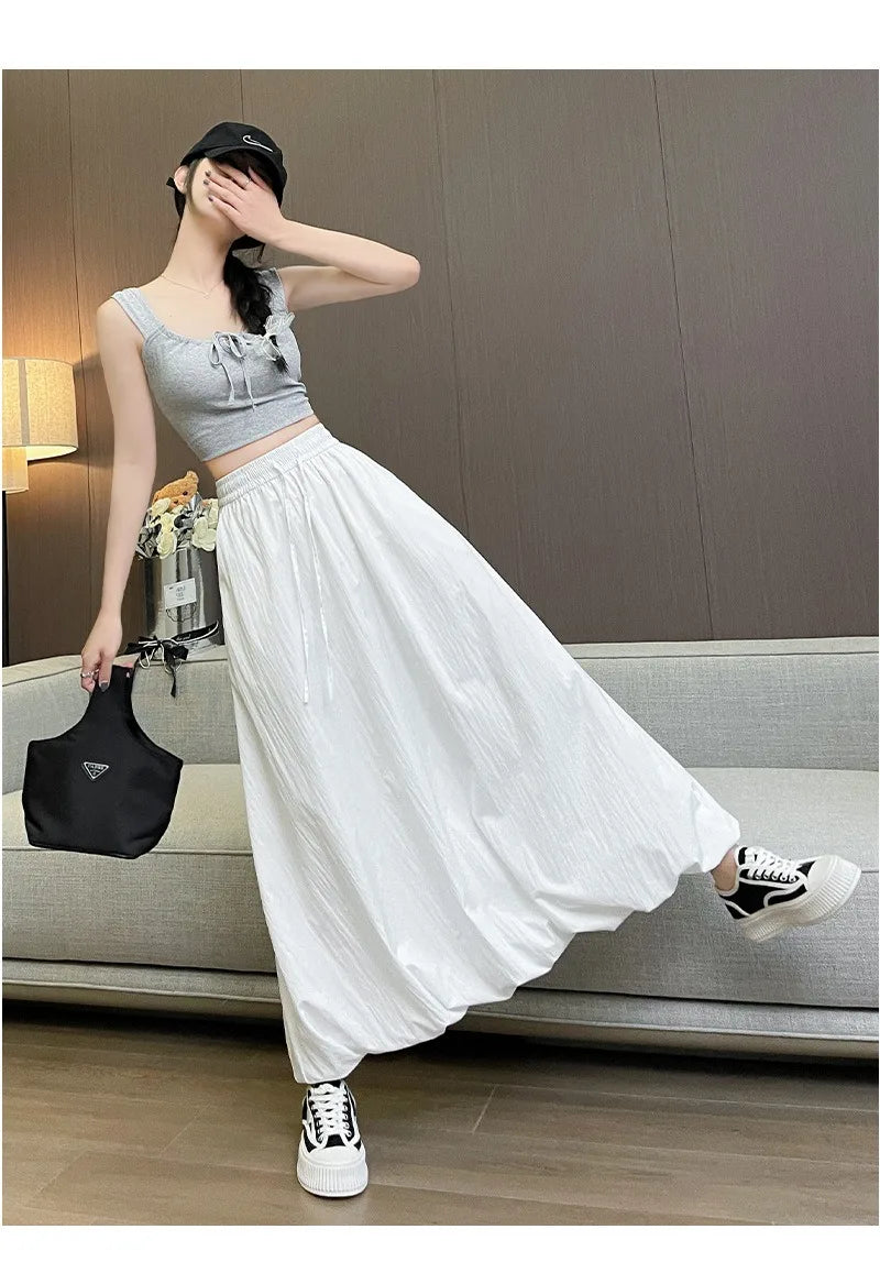 Solid Color Casual Long Skirt For Women 2024 Summer Fashion Women's Bubble Skirt Female Korean High Waist Elastic A-Line Skirt