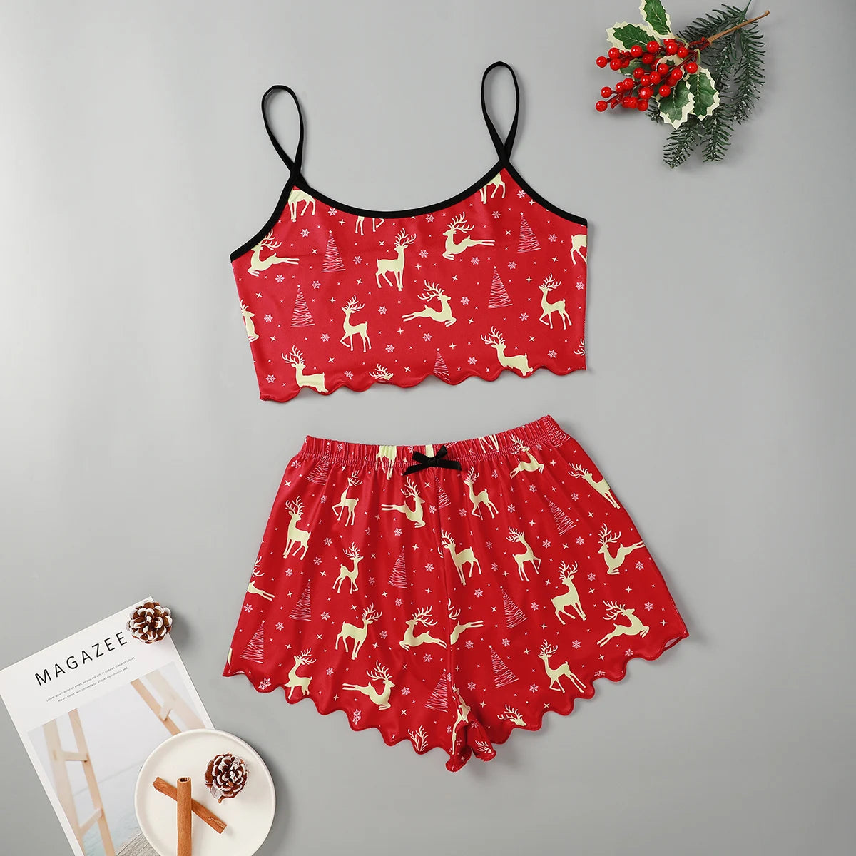 Women's 2pcs Cute Soft Comfy Christmas Set Cartoon  Print Strap Top Santa Claus Shorts Home Suit Sexy Pajamas