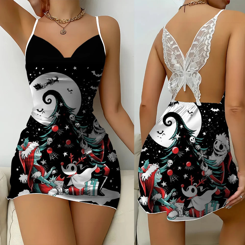 Women's Nightmare Before Christmas Jack and Sally Home Nightdress Printed Suspender V-neck Backless Lace Women's Fashion Dress