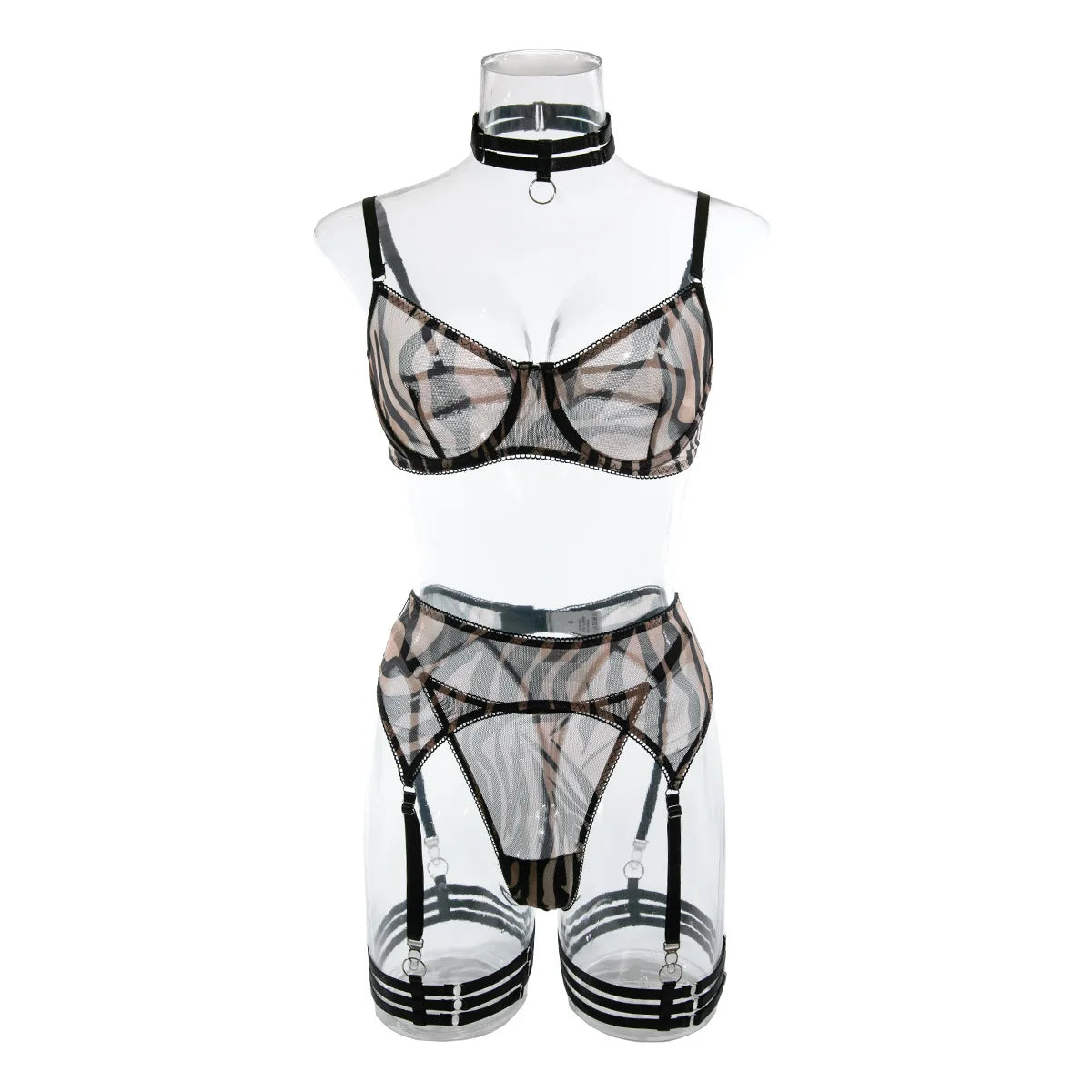 Koltailace Zebra Bra + Panty Print Mesh Lingerie Transparent Underwear Set Erotic Sexy Garter Intimates