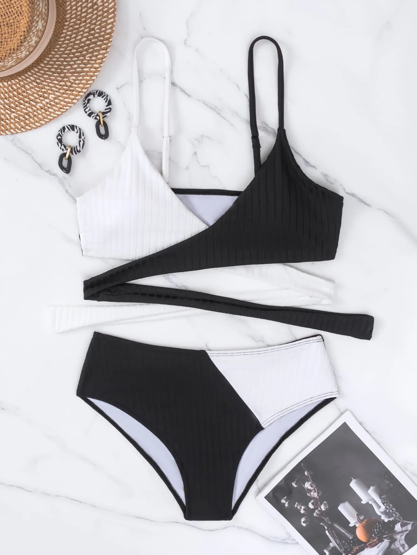 2-piece High Waist Swimsuit Women,2024 Patchwork,cross V-neck Bikini,suspender Backless Swimwear,lace-up,Adjustable Strap,summer