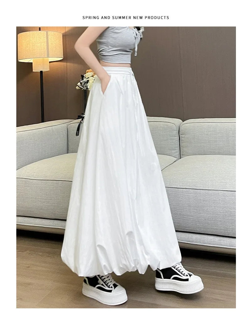 Solid Color Casual Long Skirt For Women 2024 Summer Fashion Women's Bubble Skirt Female Korean High Waist Elastic A-Line Skirt