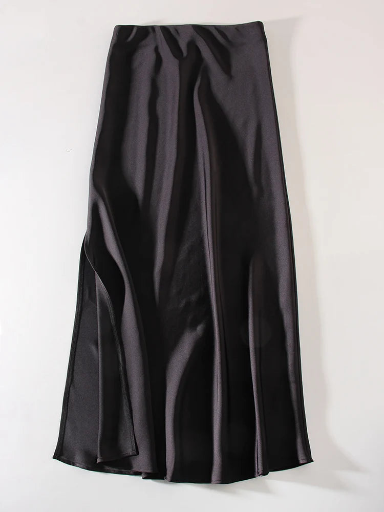 Long Satin Skirts For Women Summer High Quality Skirt With Slit On The Side Silk Elegant Black Maxi Luxury Women's Skirts 2024