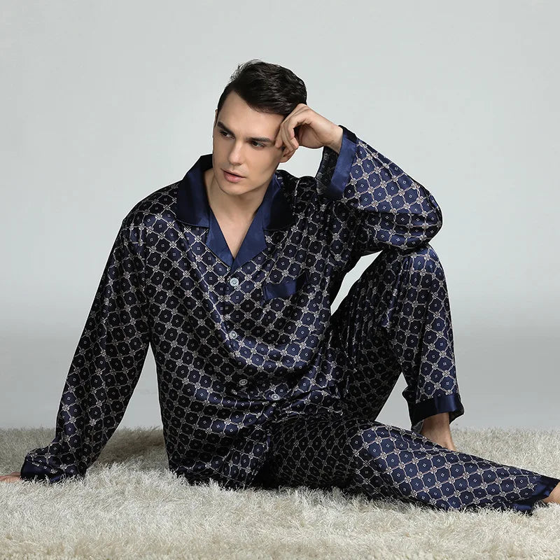 PLUS SIZE Men's Pajamas 2PCS Sleepwear Set Spring Autumn Long Sleeve Trouser Pijamas Suit Loose Print Silk Satin Lounge Wear