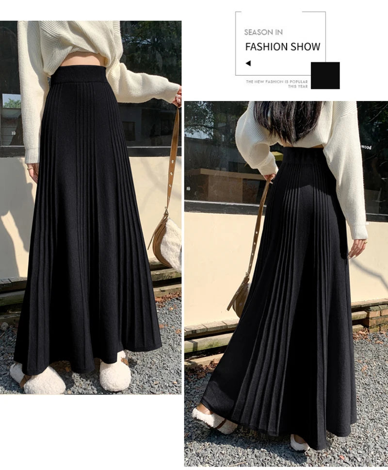 MEXZT Elegant Knitted Midi Skirt Women Fashion High Waist Black Pleated Skirts Fall Winter Ladies Korean Slim A Line Skirt New