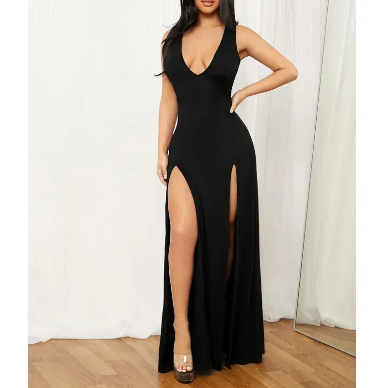 New Low-Cut V-Neck Sleeveless Double Slit Sexy Black Suspender Floor-Length Dress High-Waisted Women's Cocktail Party Long Dress