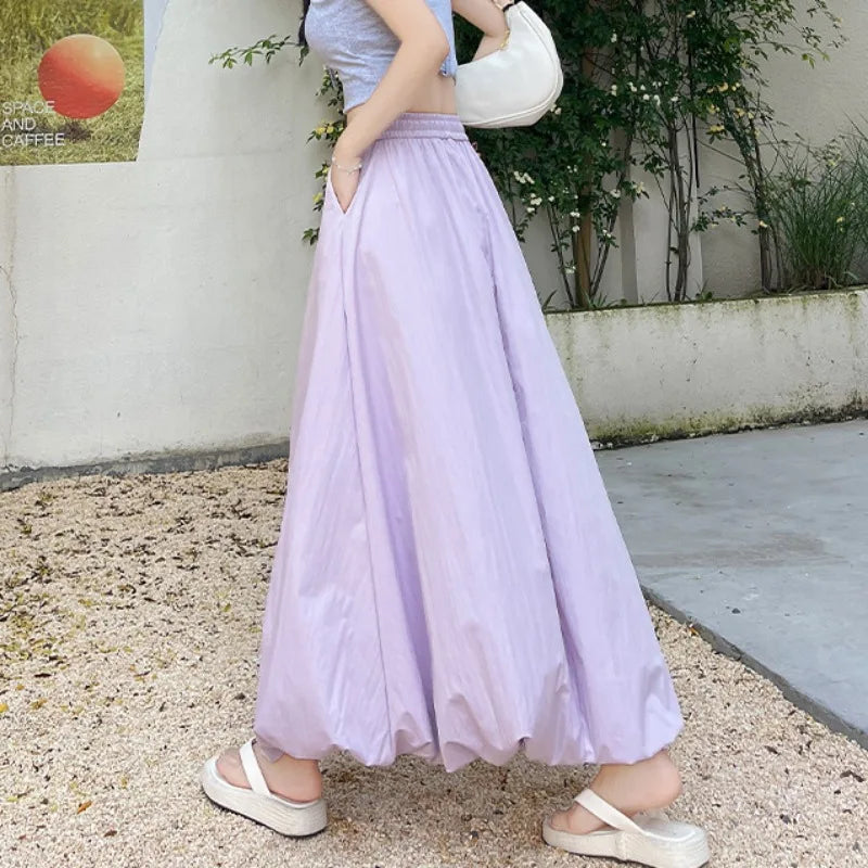 Solid Color Casual Long Skirt For Women 2024 Summer Fashion Women's Bubble Skirt Female Korean High Waist Elastic A-Line Skirt