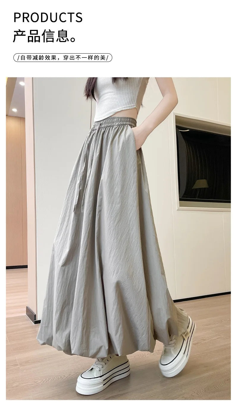 Solid Color Casual Long Skirt For Women 2024 Summer Fashion Women's Bubble Skirt Female Korean High Waist Elastic A-Line Skirt