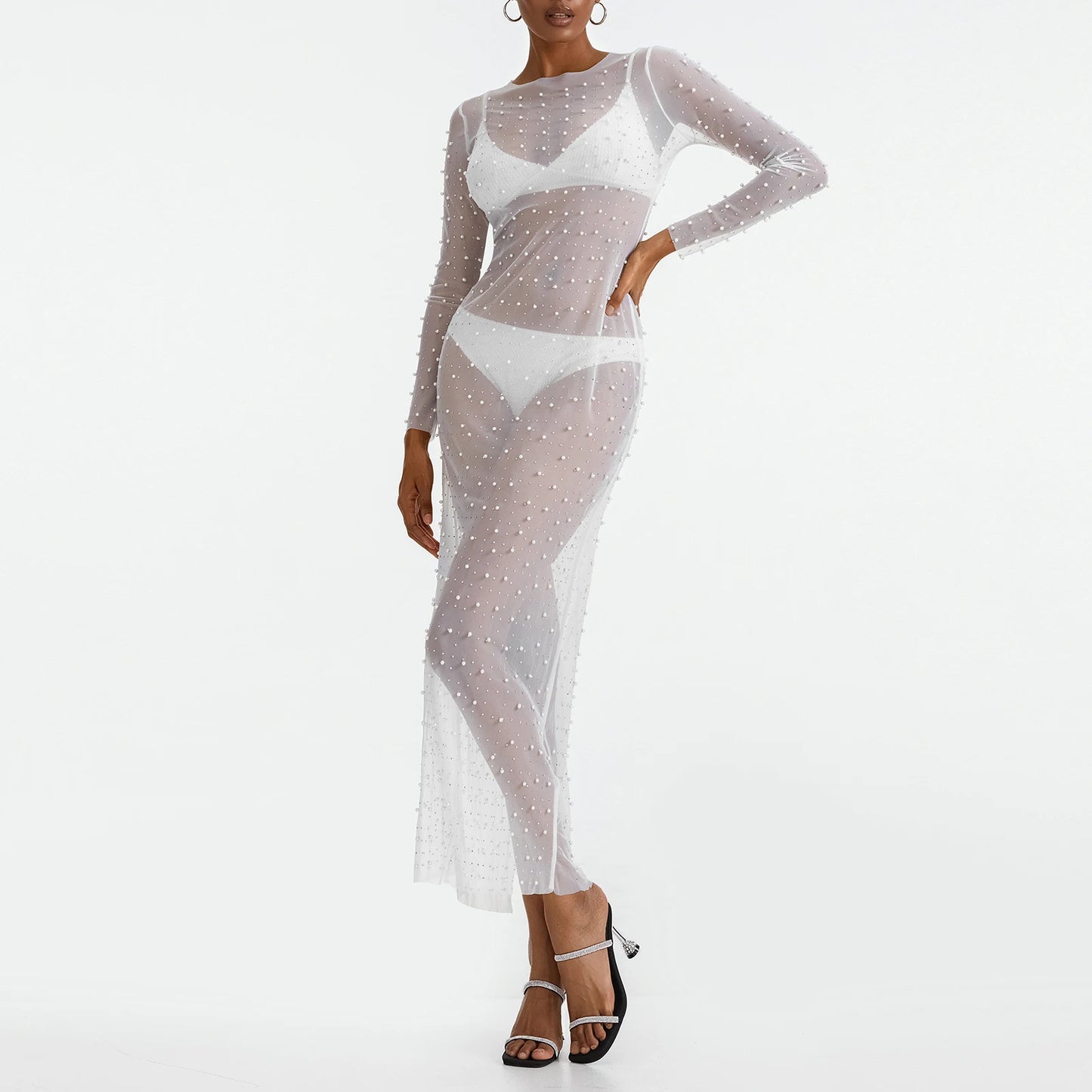 Yiiciovy Women's Bikini Cover-Ups Dress Ladies Long Sleeve Dress with Pearl Decoration See Through Mesh Sheer Pool Party Dresses