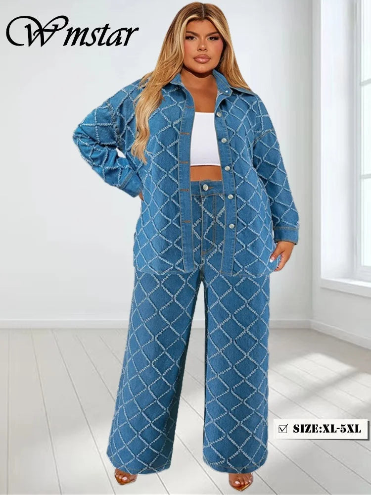 Wmstar Plus Size Denim Two Piece Sets Women Fall Clothing Print Long Sleeve Tops Pants New Matching Suits Wholesale Dropshopping