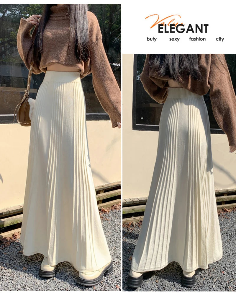 MEXZT Elegant Knitted Midi Skirt Women Fashion High Waist Black Pleated Skirts Fall Winter Ladies Korean Slim A Line Skirt New