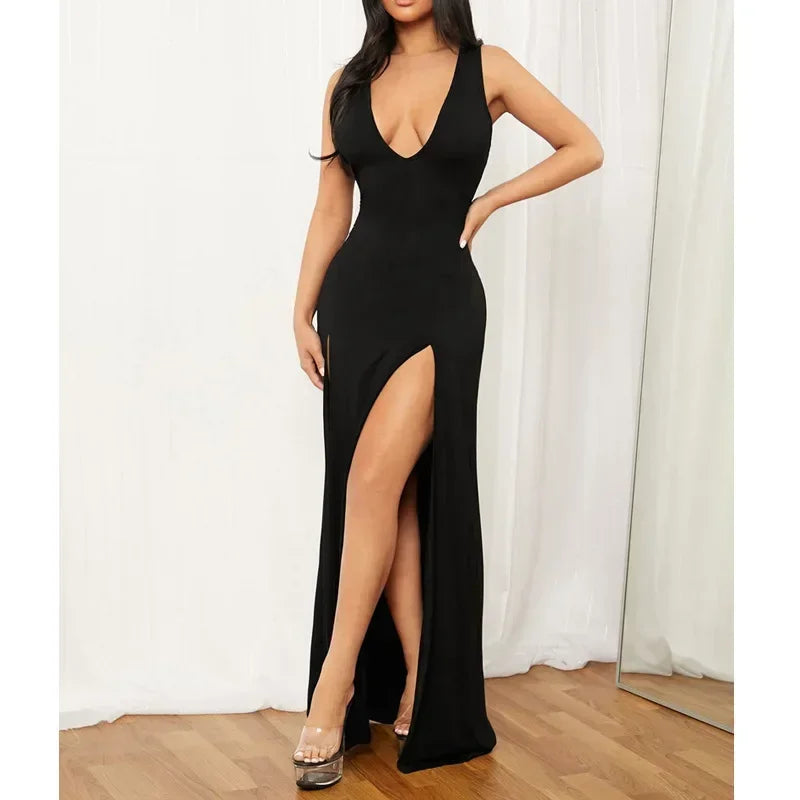 New Low-Cut V-Neck Sleeveless Double Slit Sexy Black Suspender Floor-Length Dress High-Waisted Women's Cocktail Party Long Dress