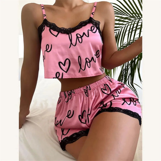 2 Pieces Set Women'S Pajama Shorts Suit Homewear Print Underwear Pijama Sexy Lingerie Camisoles Tanks Nighty Ladies Sleepwear