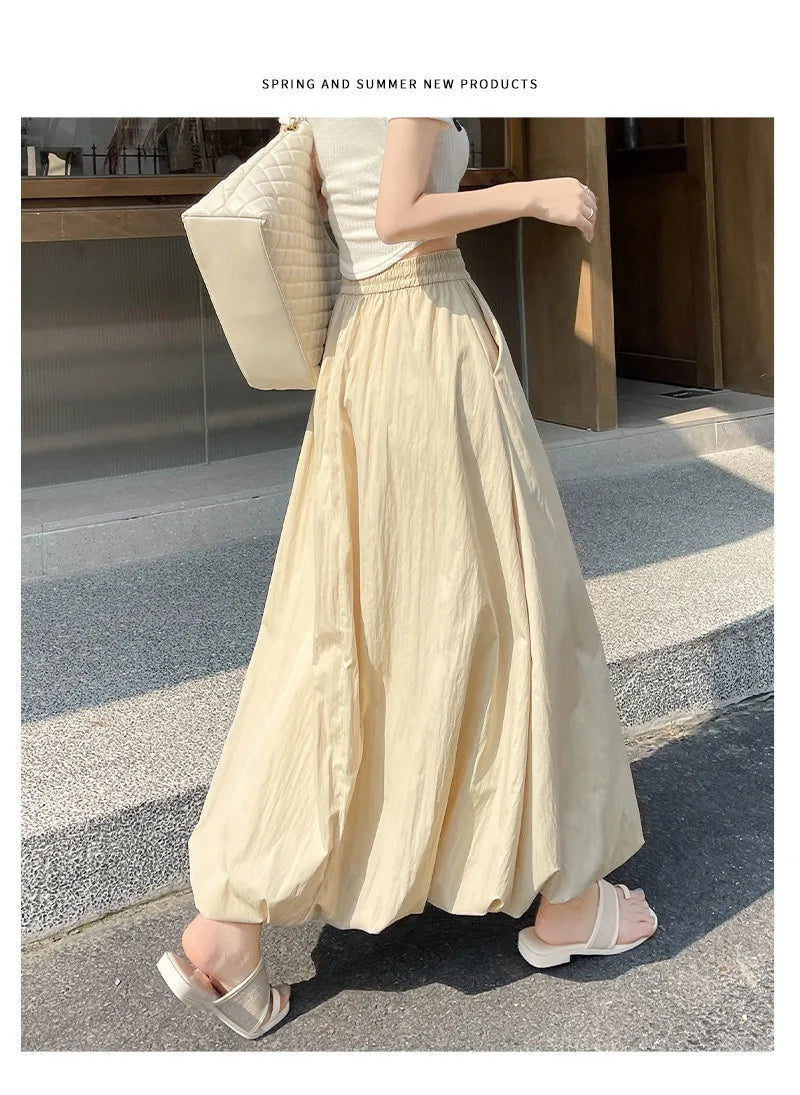 Solid Color Casual Long Skirt For Women 2024 Summer Fashion Women's Bubble Skirt Female Korean High Waist Elastic A-Line Skirt