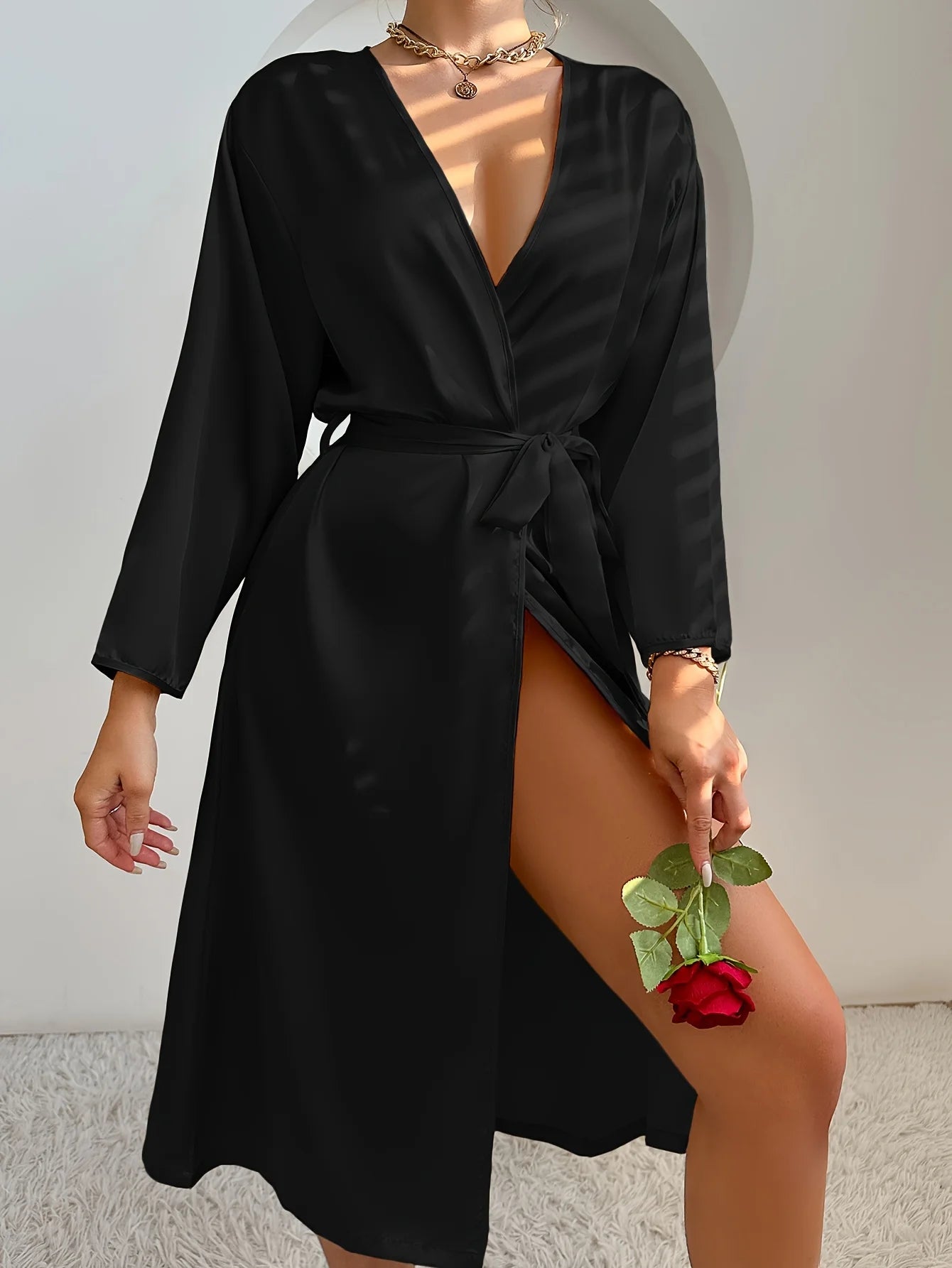 1 Piece of Women's Pure Color Satin Silk Pajamas, Elegant and Romantic Nightgown with Belt, Silky and Comfortable Bathrobe