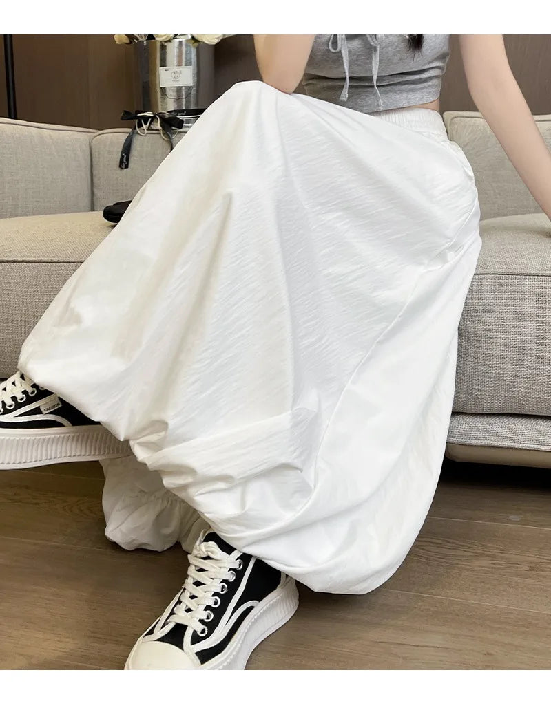 Solid Color Casual Long Skirt For Women 2024 Summer Fashion Women's Bubble Skirt Female Korean High Waist Elastic A-Line Skirt