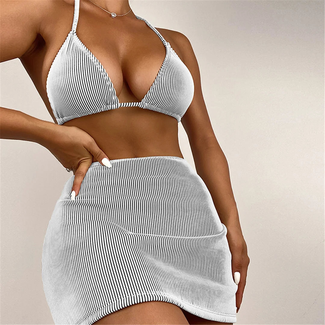 S - XL New With Skirt Ribbed Halter Bikini Female Swimsuit Women Swimwear Three-pieces Bikini set Bather Bathing Suit Swim V4351