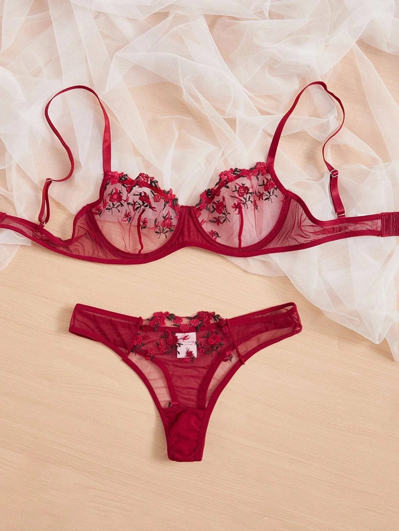 Red Lace Sexy Lingerie Fancy Embroidery Erotic Set Transparent Women's Underwear Kit Beautiful Flower Mesh Bra And Panty Sets