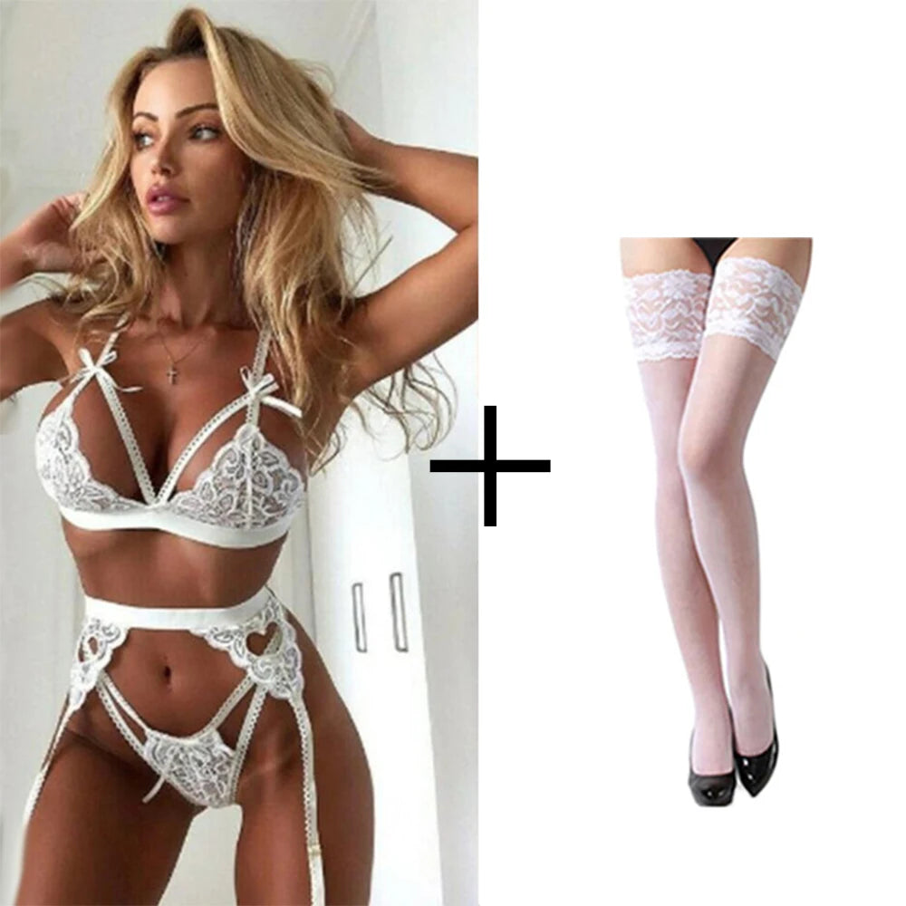 Sexy Women Underwear Set Babydoll Transparent Lace Bra +garter Belt +Thong 3-piece Set Hot Erotic Bra Lingerie Set Porn Clothes