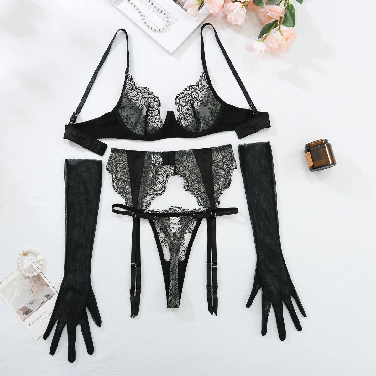 AVELINE 2025 Fall Fashion New Sexy Embroidered Lace Stitching Craft Interest Perspective Back Underwear four-piece Set