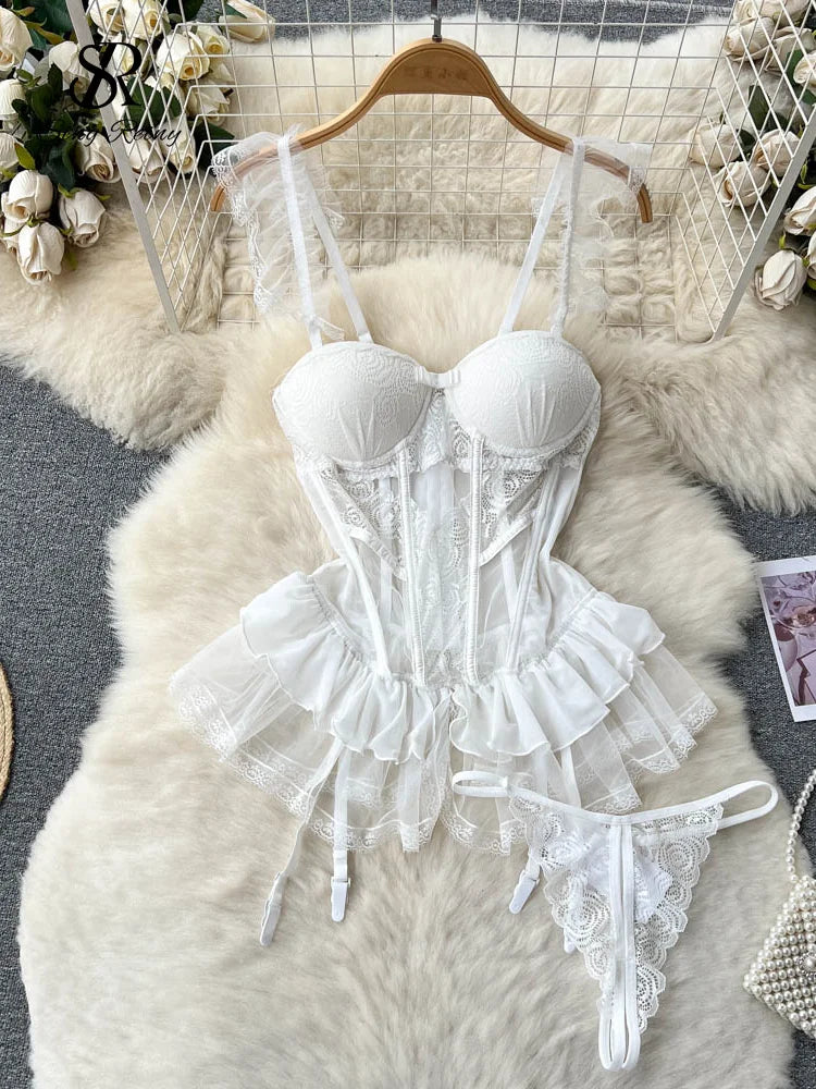 SINGREINY  Lace Sexy Underwear Suits Women Transparent Strapless Camis Bra $ Brief Suits Fashion Retro Short Summer Bra Sets