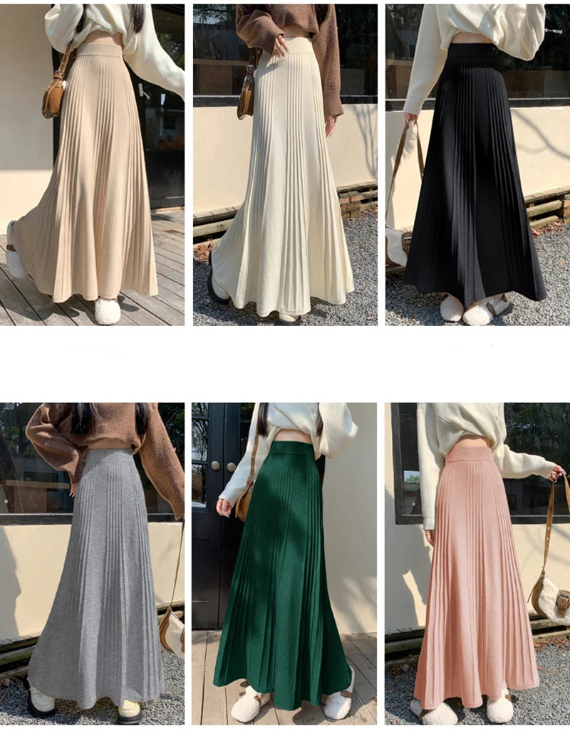 MEXZT Elegant Knitted Midi Skirt Women Fashion High Waist Black Pleated Skirts Fall Winter Ladies Korean Slim A Line Skirt New