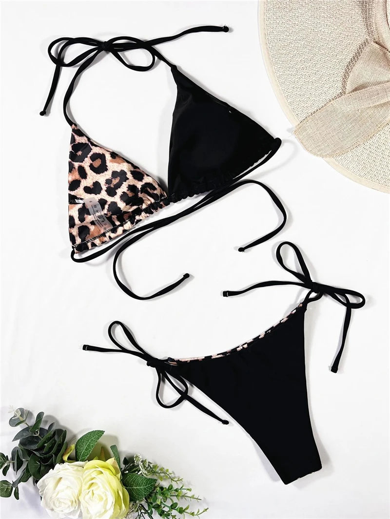 Women Sexy Bikini Leopard Swimsuit Feminine Bikinis Set Adjustable Bandage Swimwear Summer Beachwear Female Bathing Suit Halter