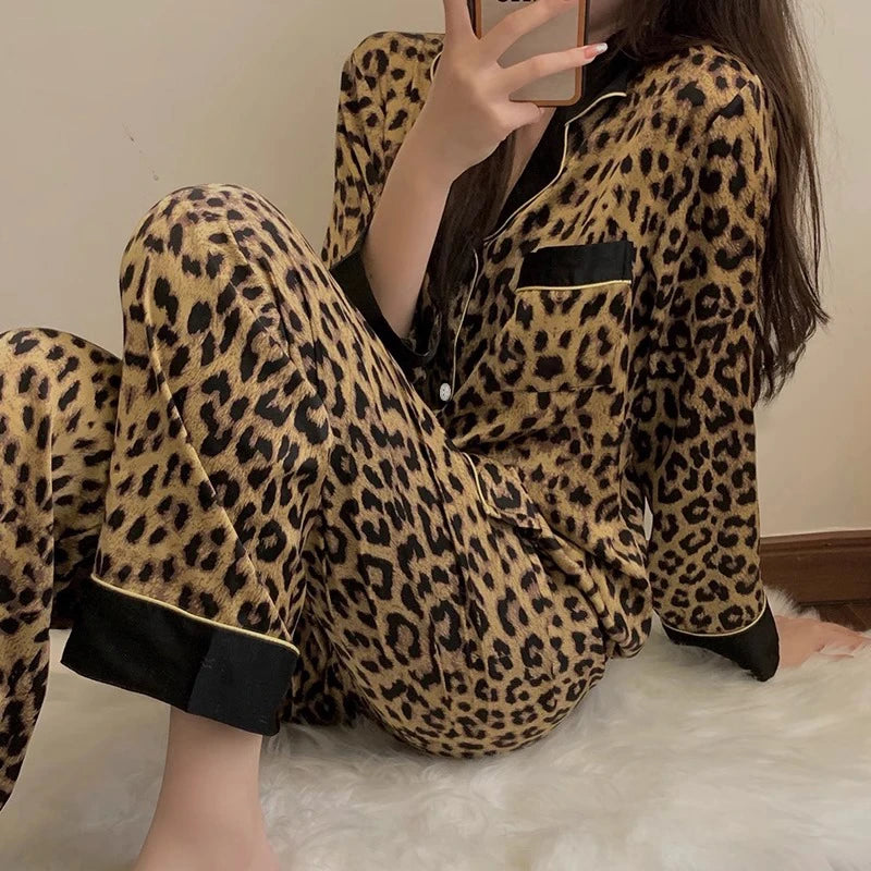 Europe & American Retro Leopard Women's Pajamas Elegant Trendy Print Lazy Fashion Sleepwear 2024 New Summer 2pcs Casual Homewear